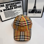 Burberry tartan plaid baseball cap in tan, black, red, and multicolor accents, front view