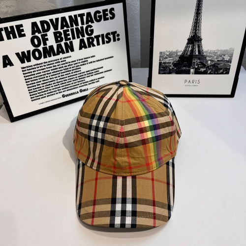 Burberry tartan plaid baseball cap in tan, black, red, and multicolor accents, front view