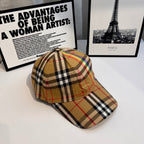 Burberry tartan plaid baseball cap, angled view showing crown and brim stitching