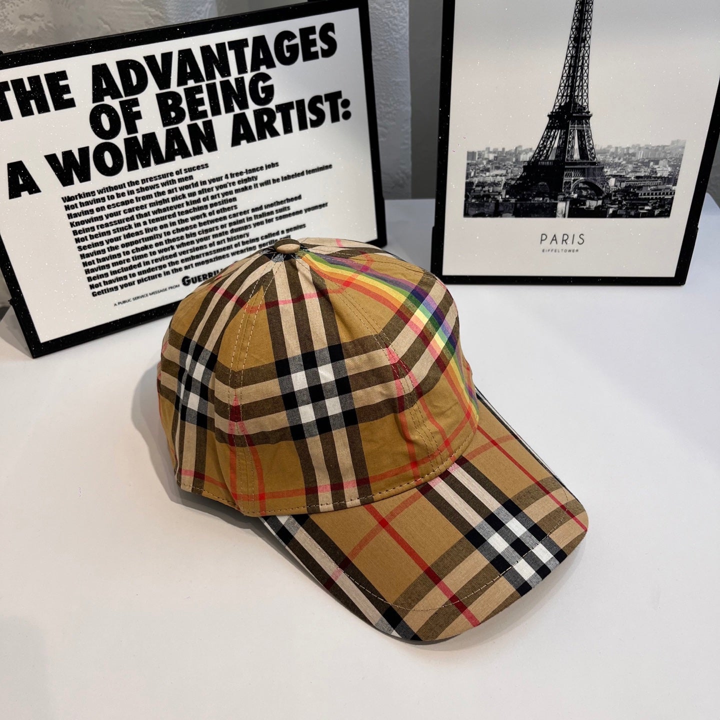 Burberry tartan plaid baseball cap, angled view showing crown and brim stitching