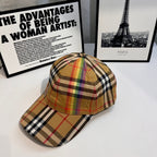 Burberry tartan plaid baseball cap, side view with curved brim and multicolor lines