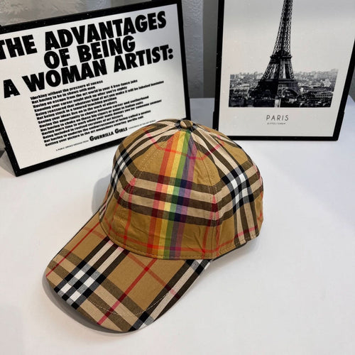 Burberry tartan plaid baseball cap, side view with curved brim and multicolor lines
