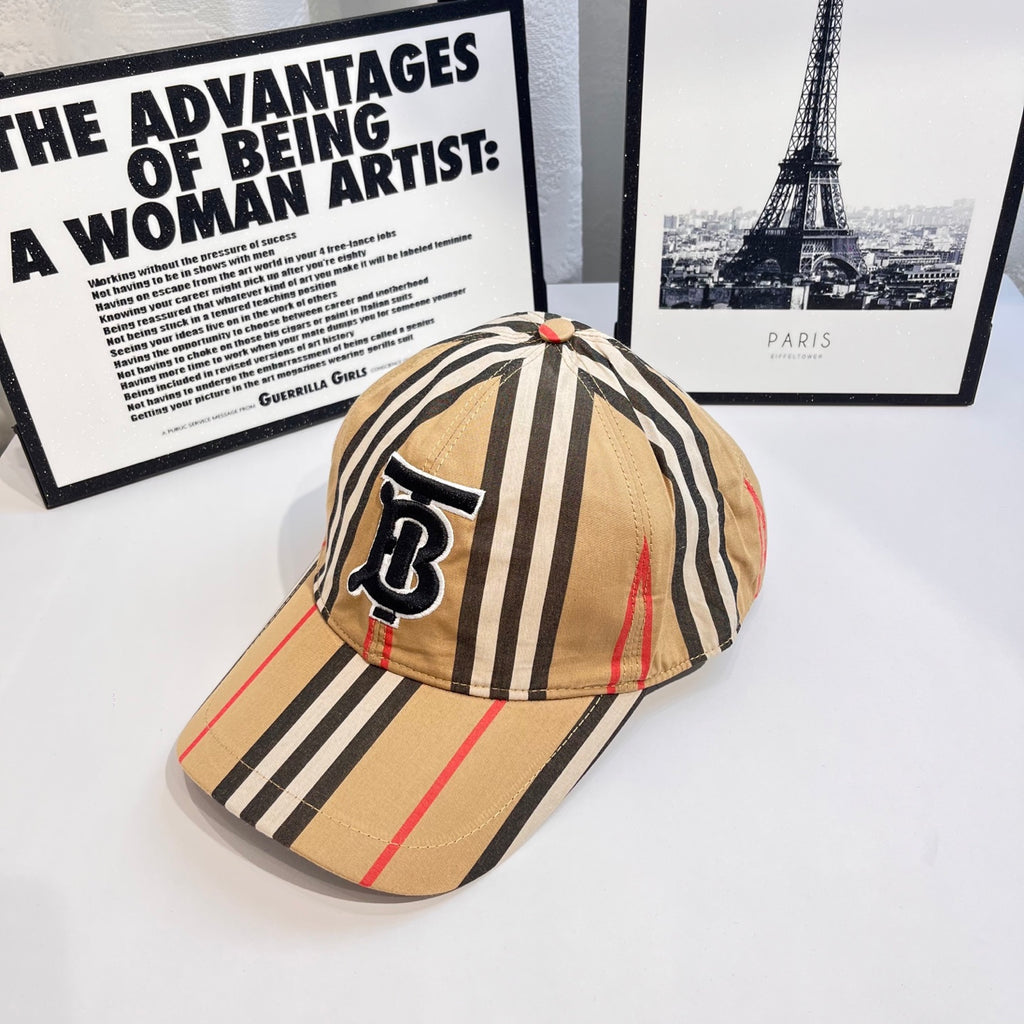 Striped baseball cap side view with navy B logo patch