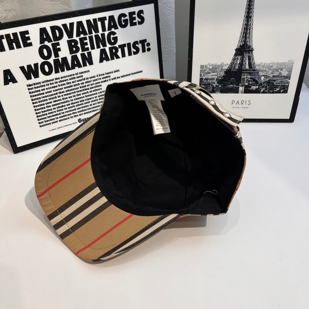 Striped baseball cap interior with dark lining and open crown