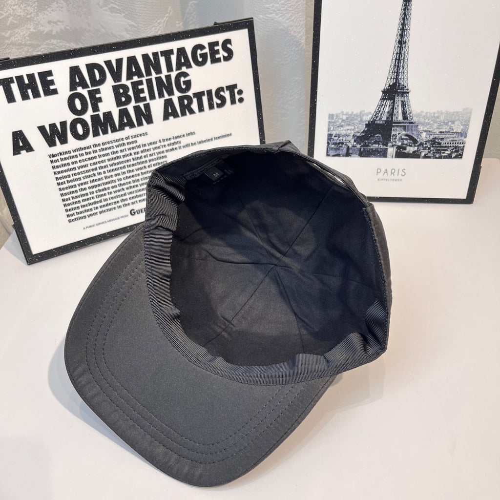 Prada baseball cap interior and open crown lining in dark gray fabric