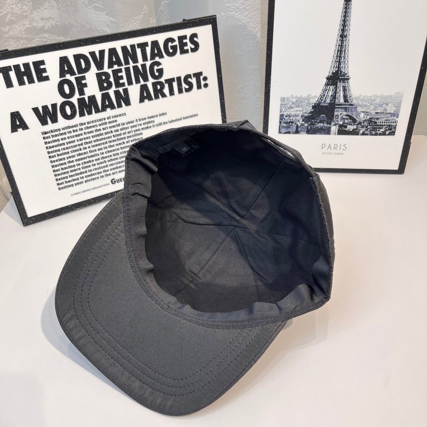 Prada baseball cap interior and open crown lining in dark gray fabric
