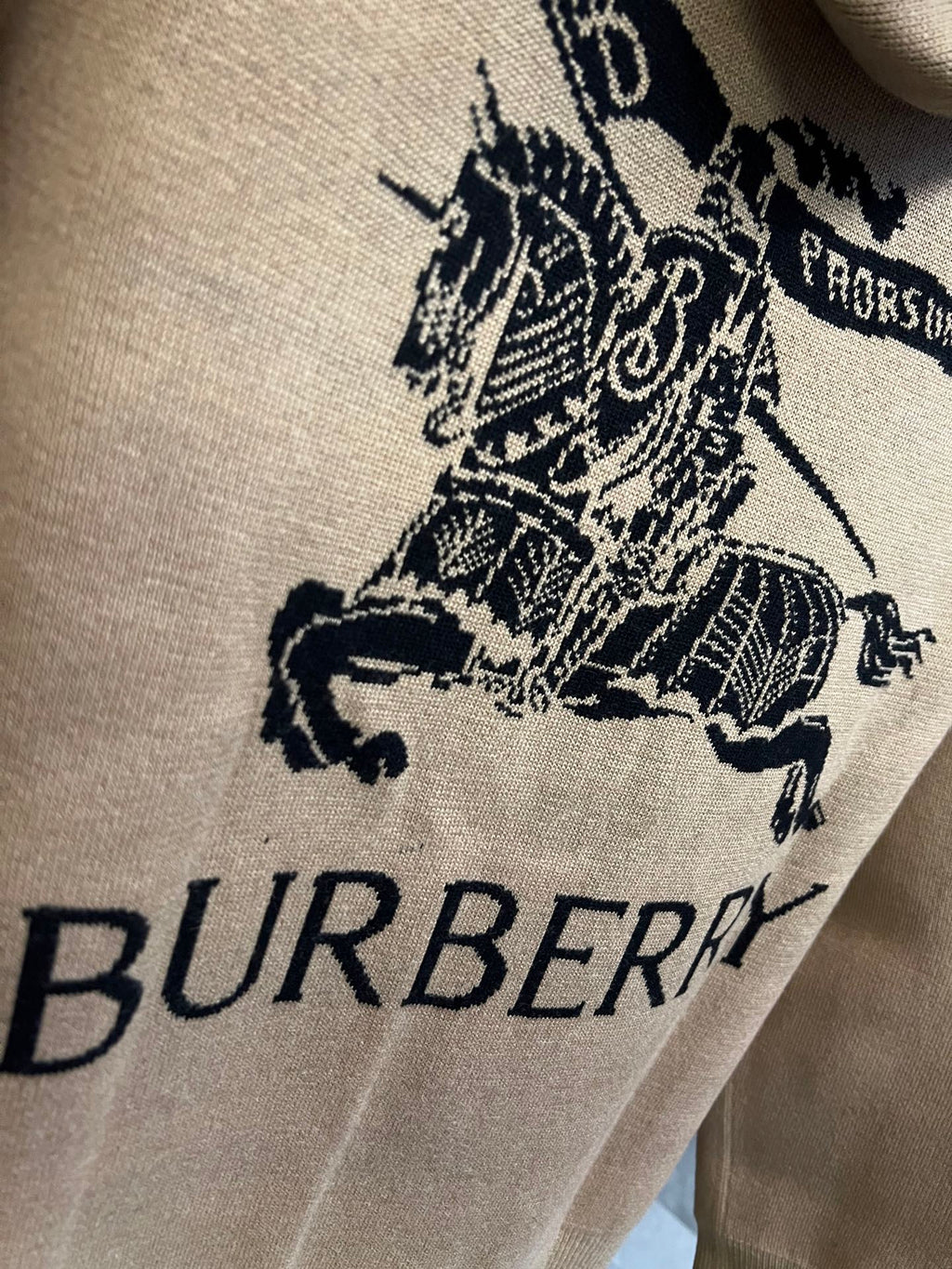 Beige knit sweatshirt with horse graphic and BURBERRY text detail