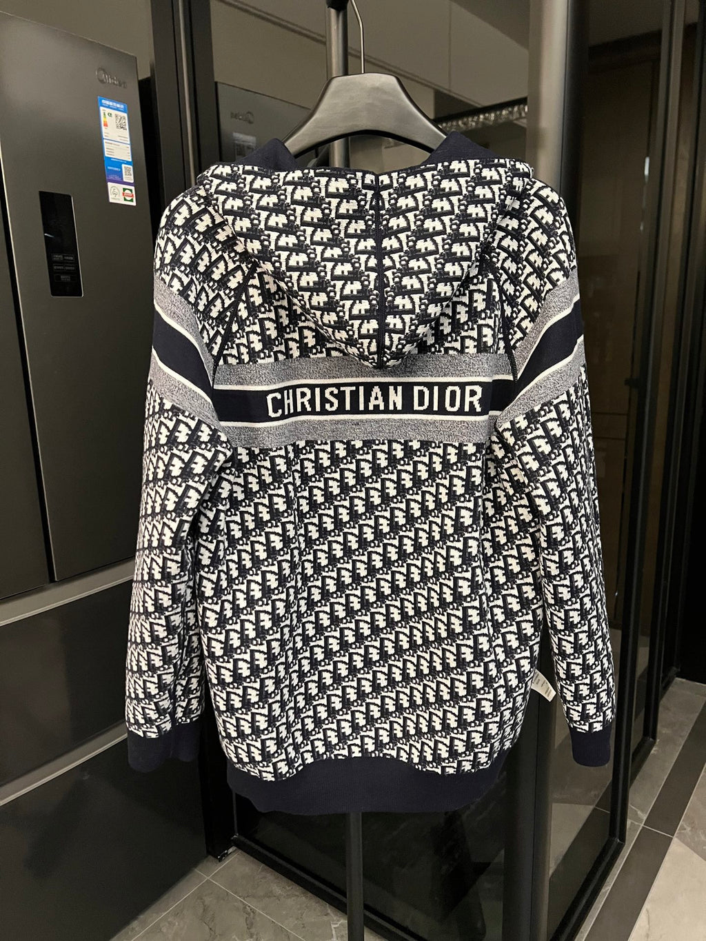 Dior hooded zip jacket with allover black-and-white logo print and logo stripe band