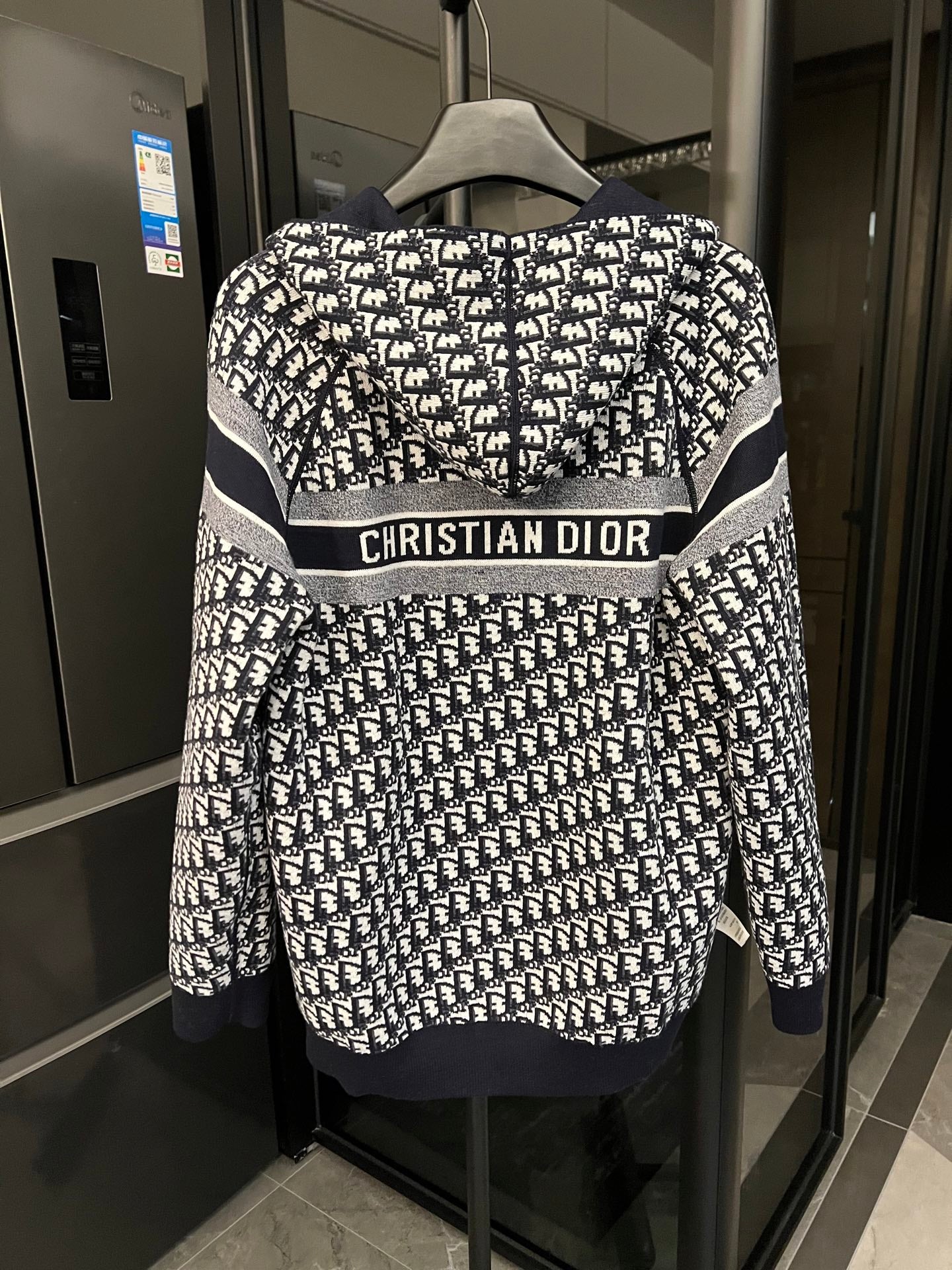 Dior hooded zip jacket with allover black-and-white logo print and logo stripe band