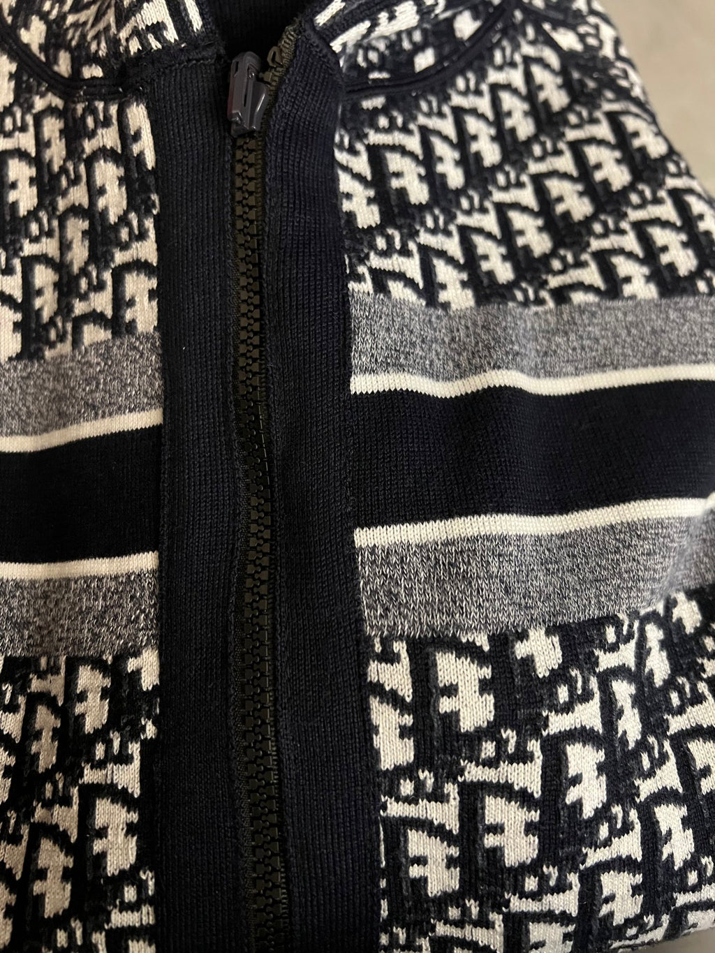Dior hooded zip jacket close-up of front zipper and logo print side panels