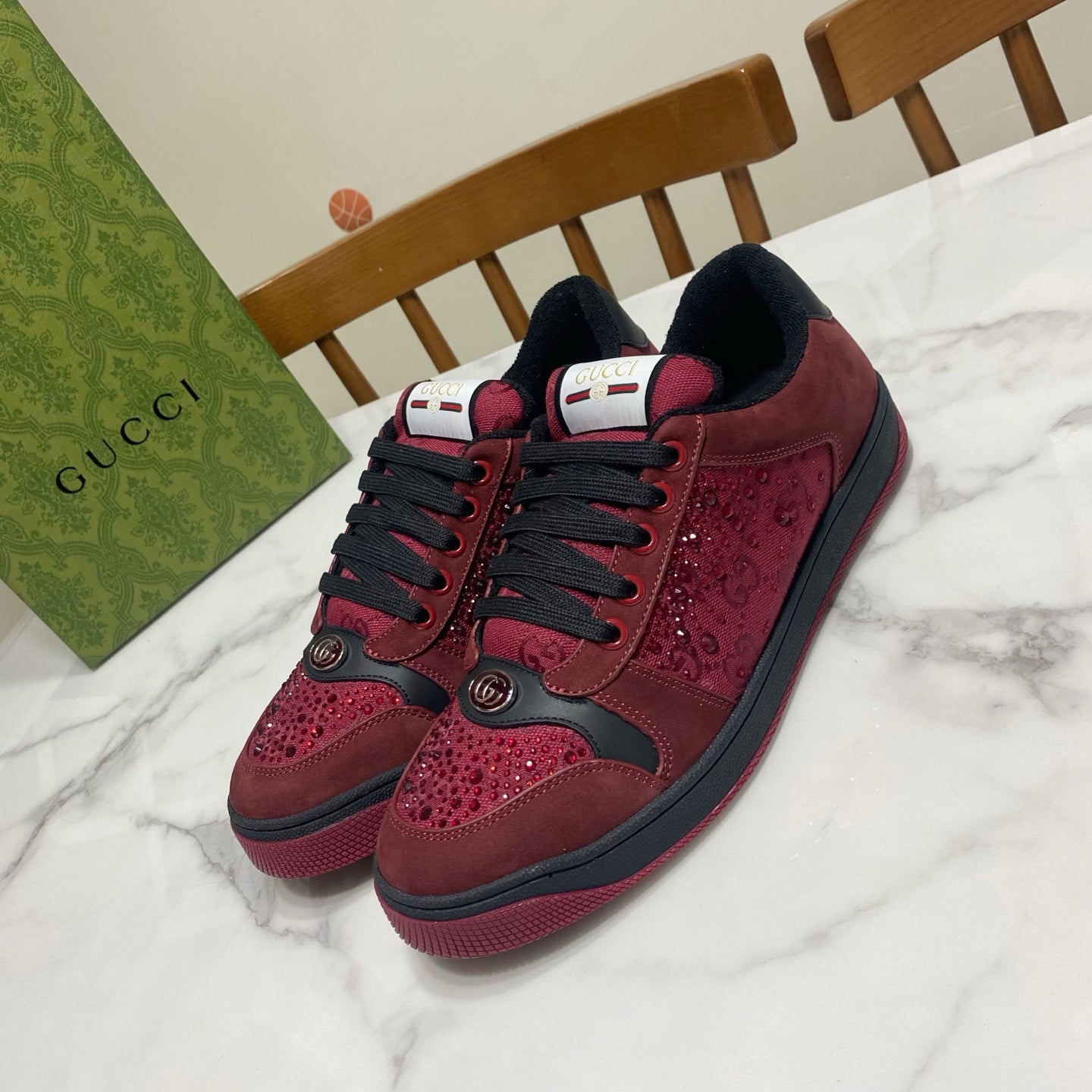 Gucci unisex sneakers, burgundy leather with black laces and side stripe detail