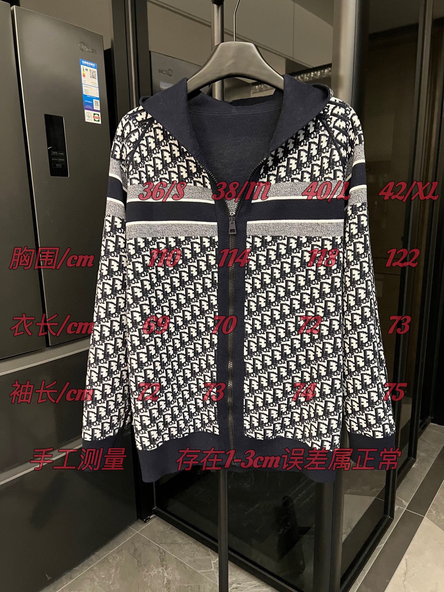 Dior hooded zip jacket with logo print front, dark hood, and striped horizontal bands