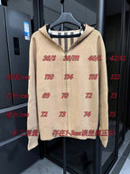Beige zip-front sweatshirt with red size numbers printed across the front