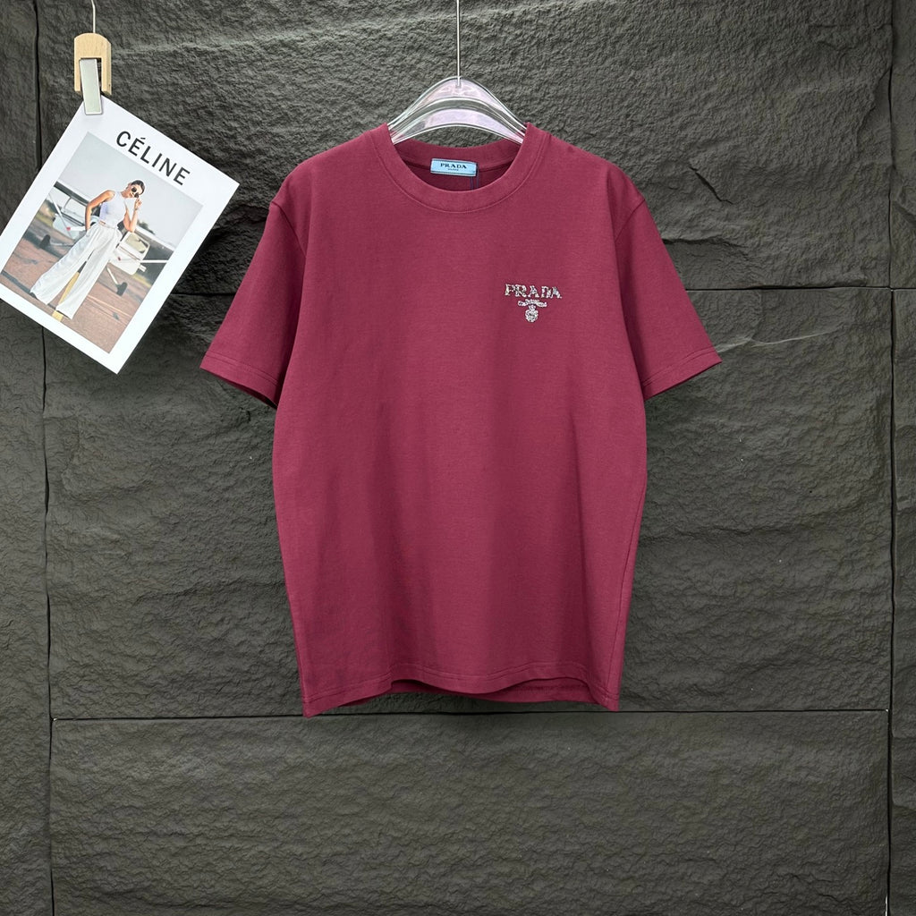 Prada short-sleeve T-shirt in dark berry with small chest PRADA logo.