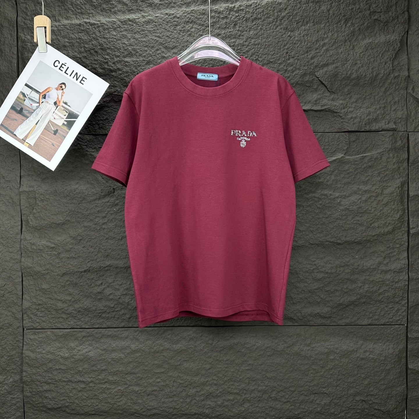Prada short-sleeve T-shirt in dark berry with small chest PRADA logo.