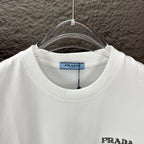 White short-sleeve T-shirt neckline with blue PRADA size label