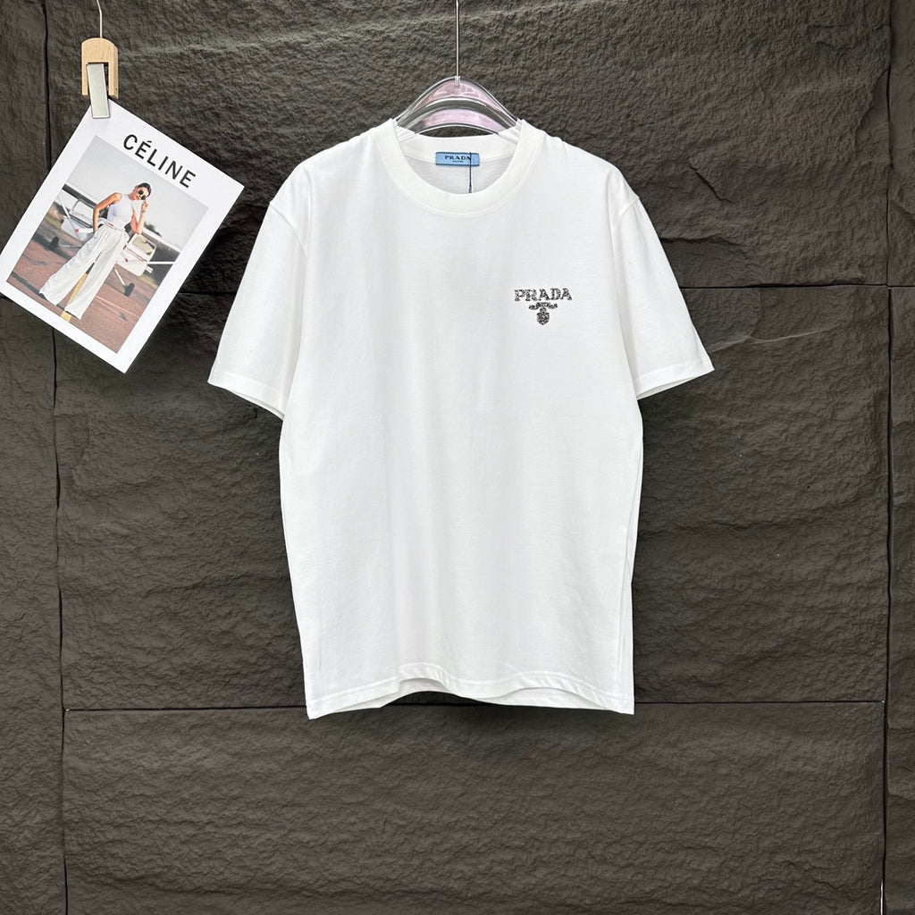 White short-sleeve T-shirt with small PRADA logo on left chest