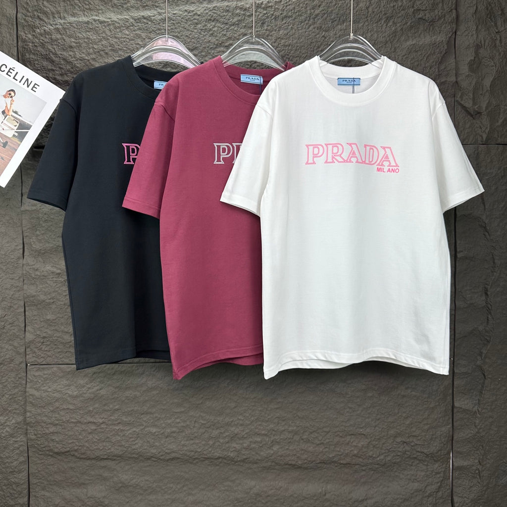 Prada short-sleeve T-shirts in black, burgundy, and white with pink logo
