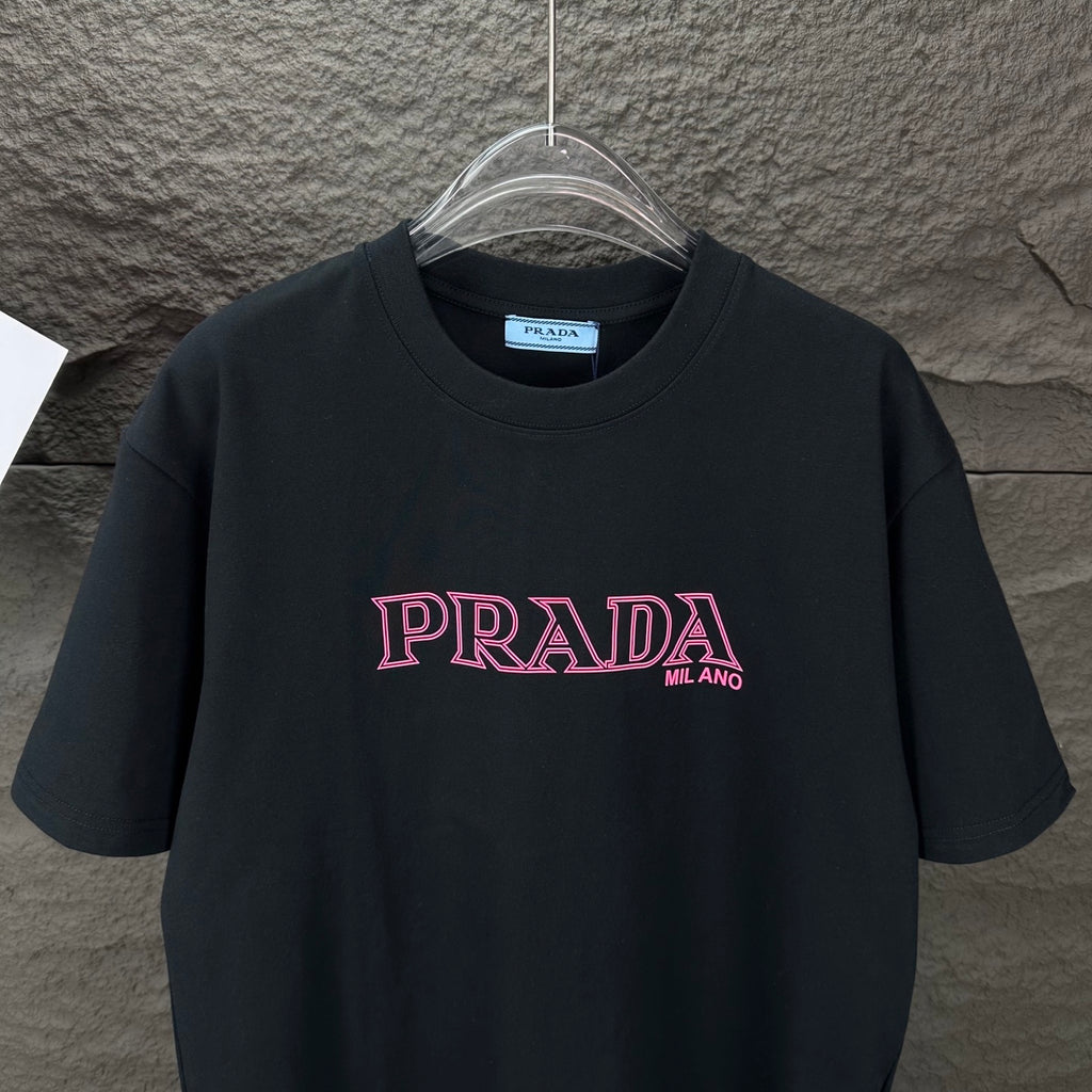 Prada short-sleeve T-shirt, black with centered pink PRADA MILANO chest print