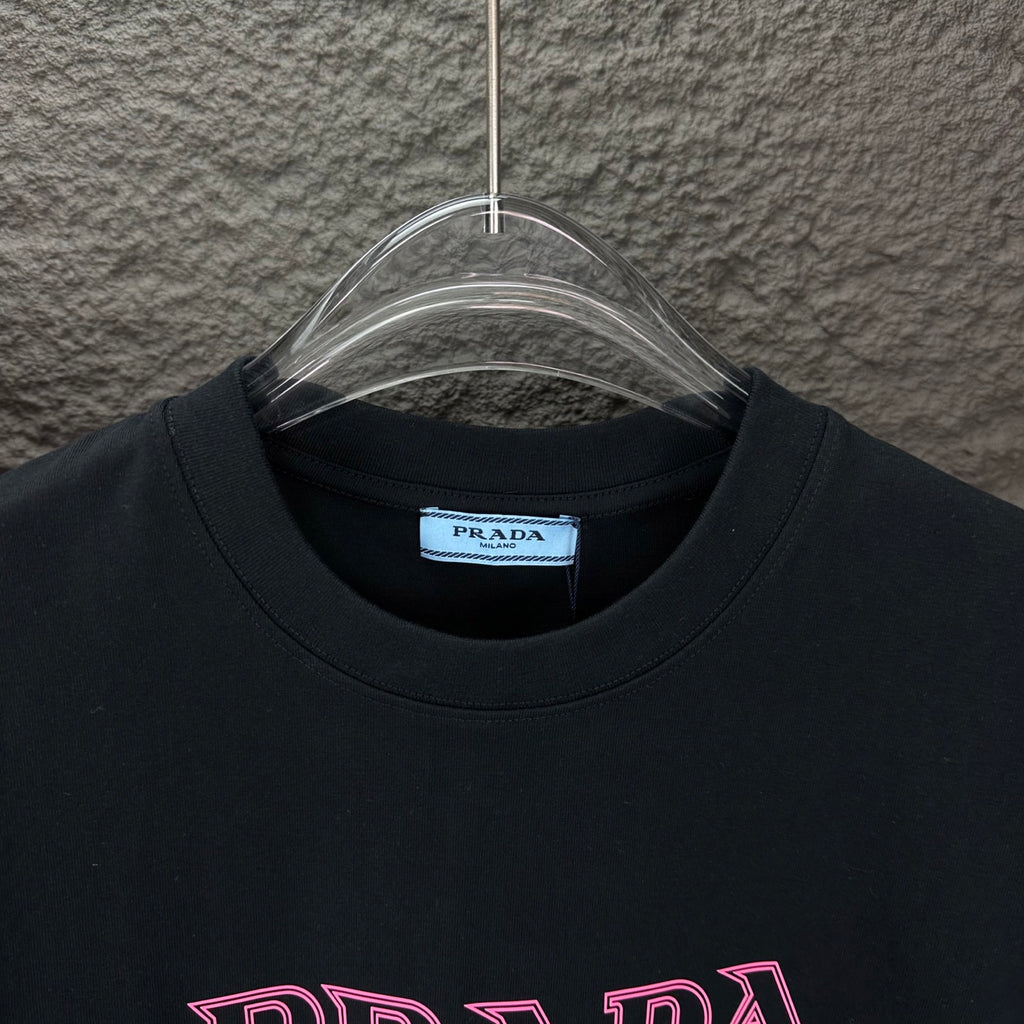Prada short-sleeve T-shirt collar on black fabric, with PRADA label