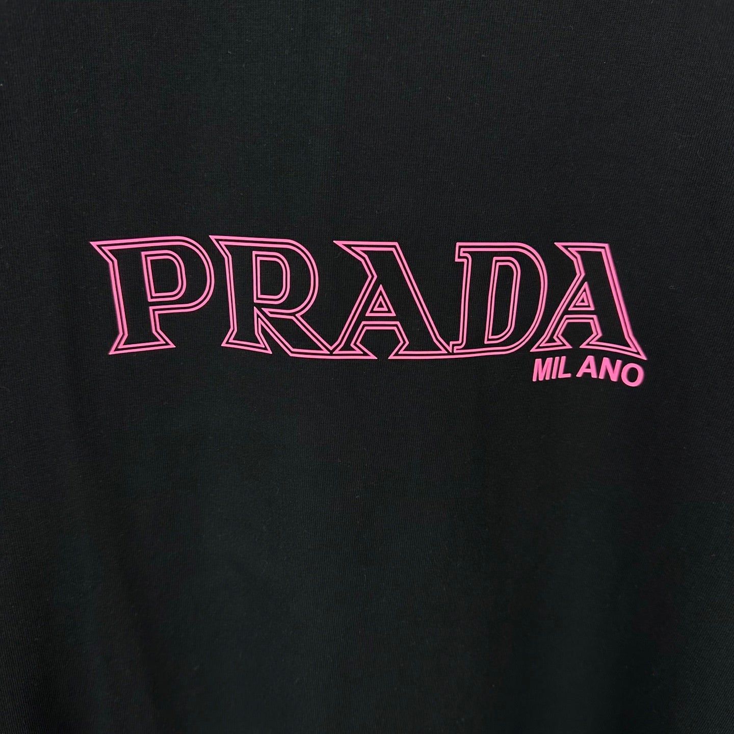 Prada short-sleeve T-shirt logo, pink PRADA MILANO on black