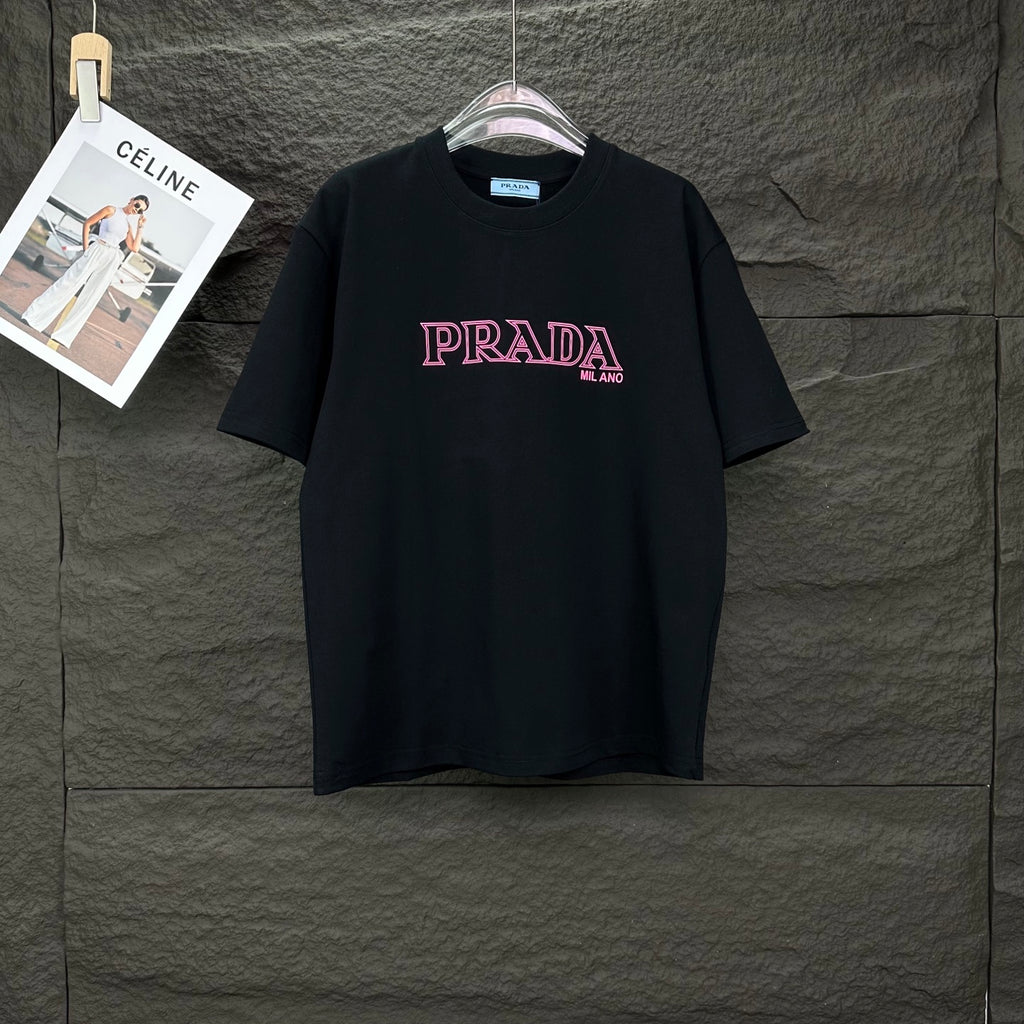 Prada short-sleeve T-shirt, black with pink PRADA MILANO front logo