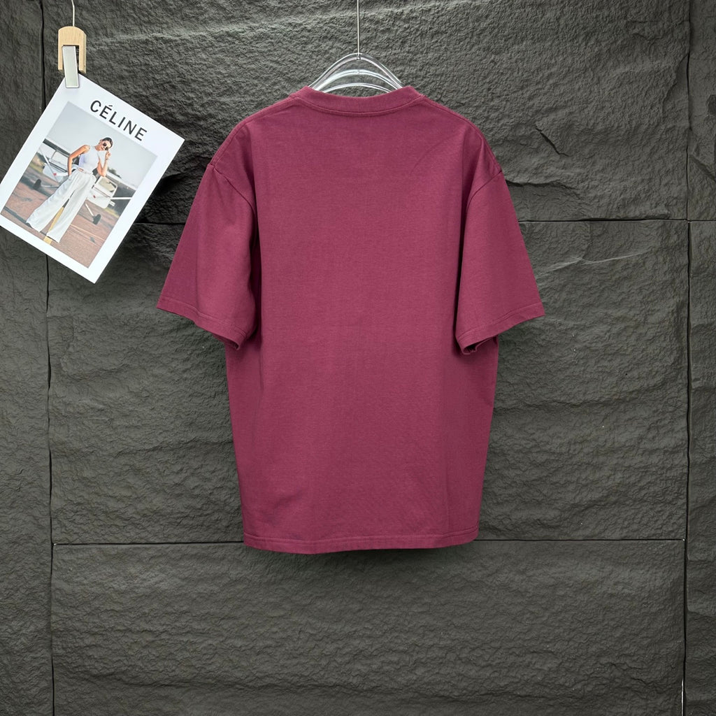 Burgundy crewneck Prada T-shirt, plain back view on hanger