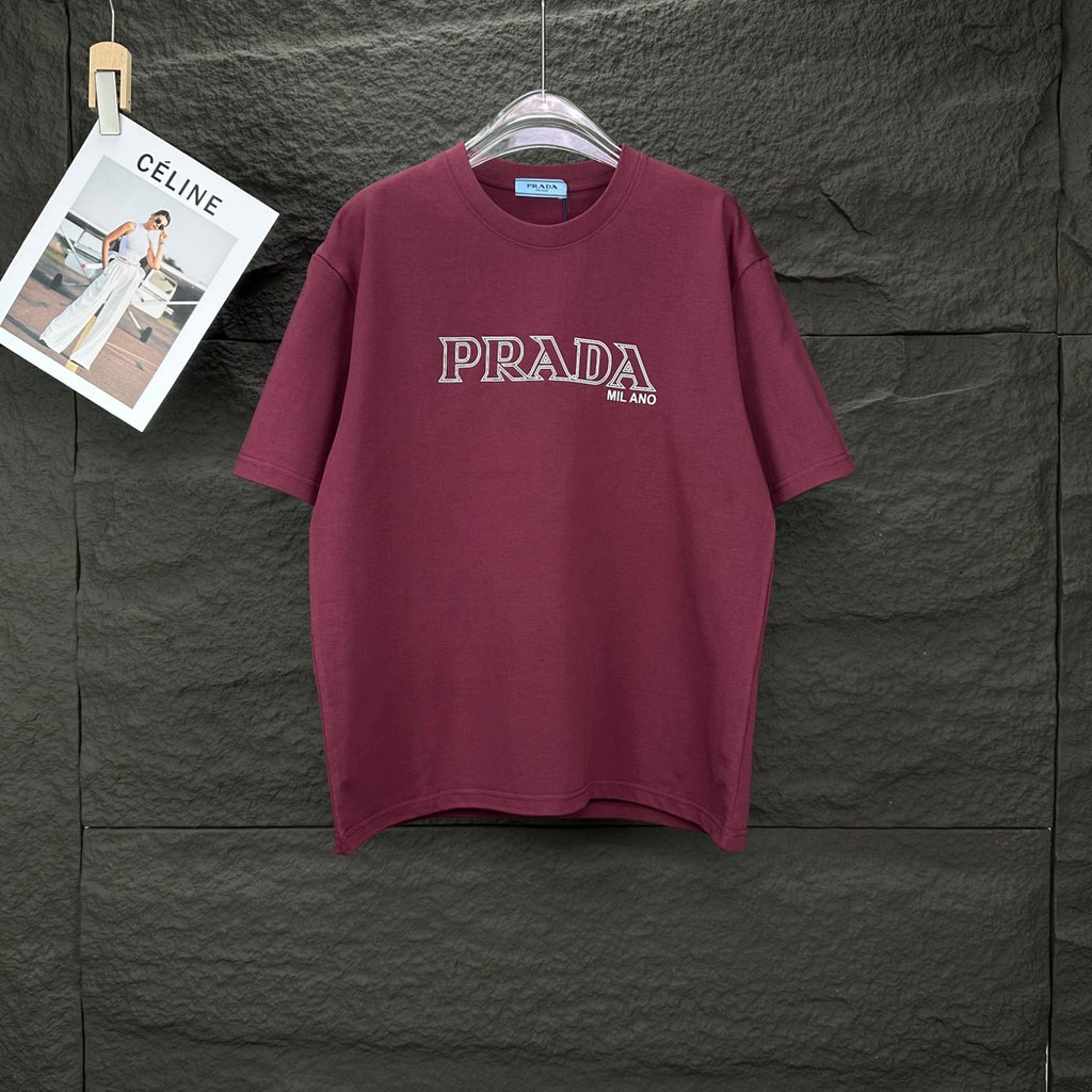 Burgundy crewneck Prada T-shirt with PRADA MIL ANO chest logo