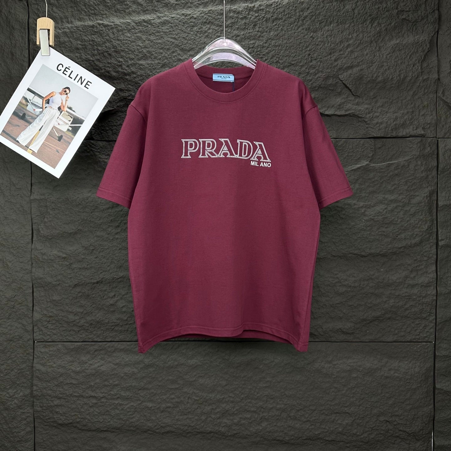 Burgundy crewneck Prada T-shirt with PRADA MIL ANO chest logo