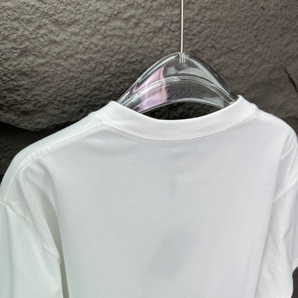 White short-sleeve T-shirt back view with crew-neck seam detail on a hanger.