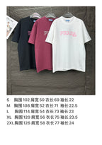 Prada short-sleeve T-shirts in black, burgundy, and white with pink logo; size chart