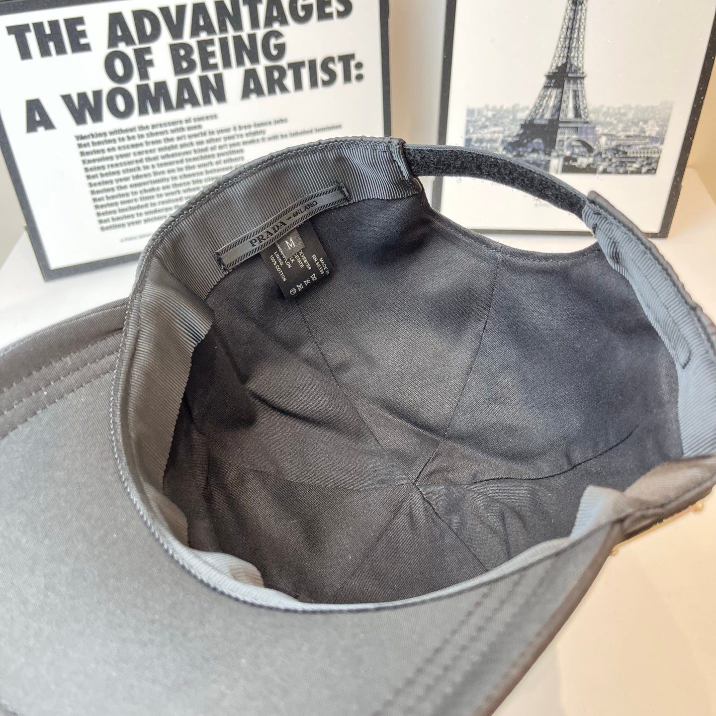 Prada baseball cap interior with brand label and quilted lining