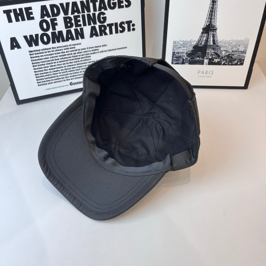 Prada baseball cap back view with interior lining and curved brim in dark gray