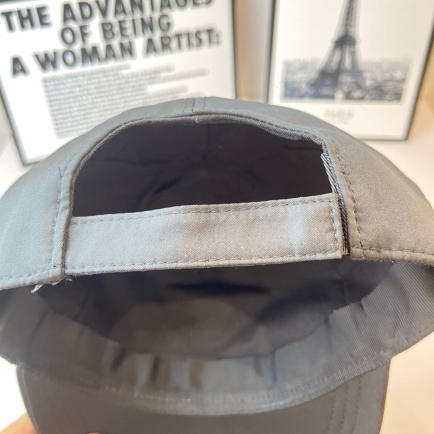 Prada baseball cap, light gray, open interior with stitched brim lining