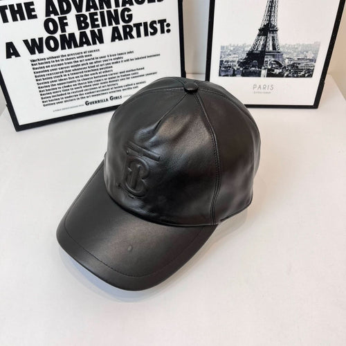 Dark leather baseball cap with Burberry TB monogram, curved brim