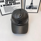 Black leather baseball cap with Burberry TB monogram front, curved brim
