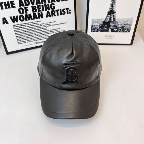 Black leather baseball cap with Burberry TB monogram front, curved brim