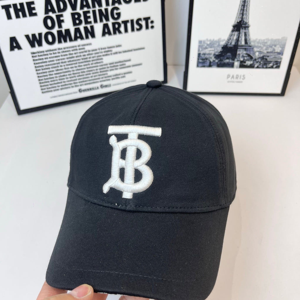 Black Burberry cap front view with embroidered TB monogram