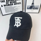 Black Burberry cap front view with embroidered TB monogram