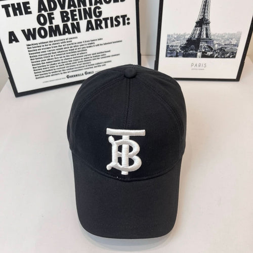 Black Burberry cap with white TB monogram on the front