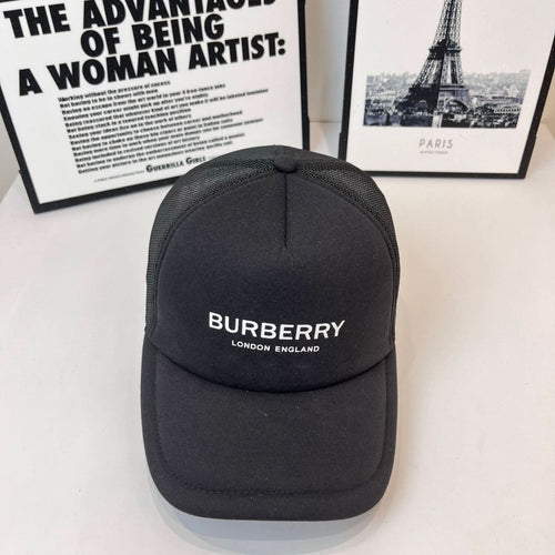 Black Burberry baseball cap with front logo patch and curved brim