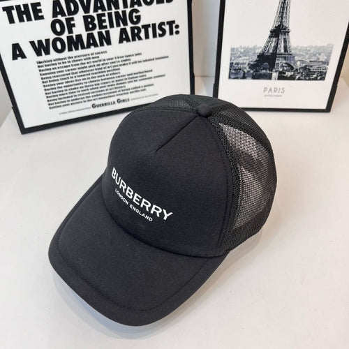 Black Burberry baseball cap with mesh side panels and front logo
