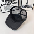 Black baseball cap with mesh side panels and adjustable strap detail near crown