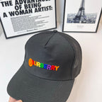 Black Burberry baseball cap front view with embroidered logo and curved brim