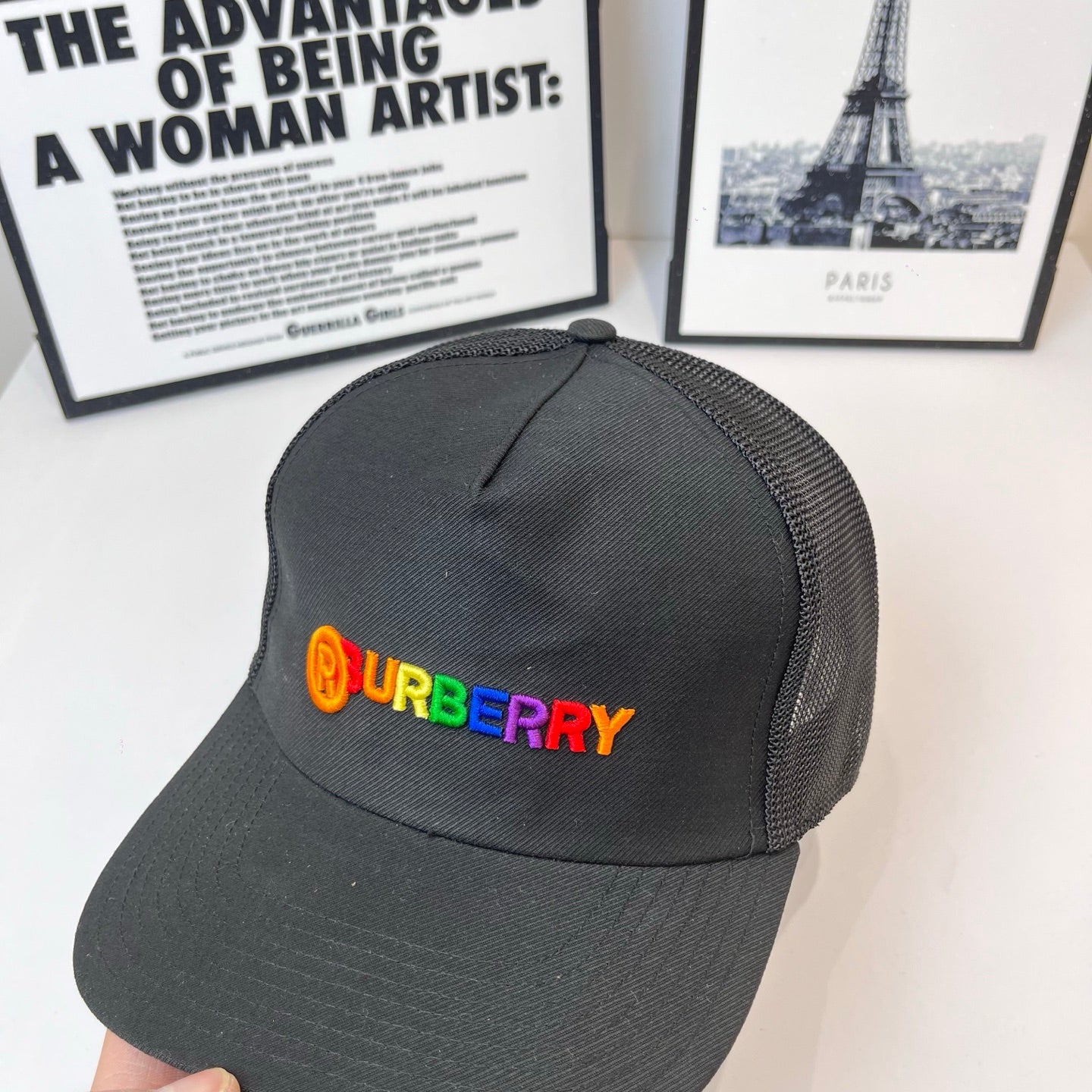 Black Burberry baseball cap front view with embroidered logo and curved brim