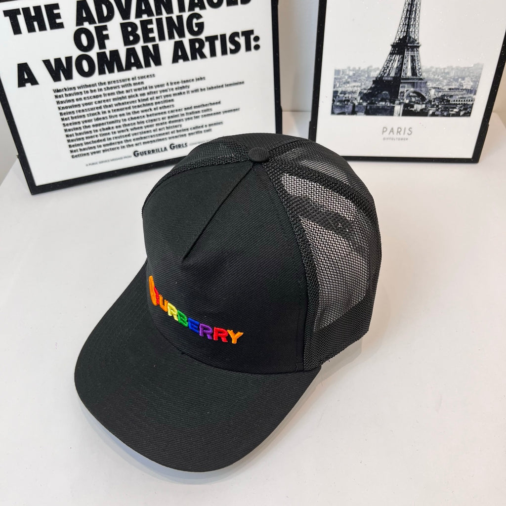 Black mesh baseball cap with front Burberry logo and curved brim