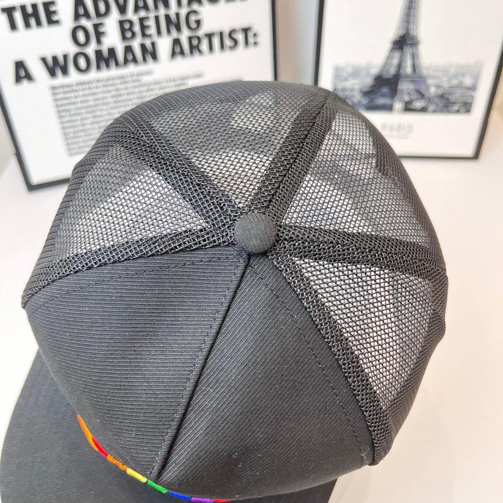 Black mesh baseball cap top view with rainbow-stitch brim edge