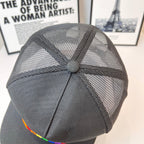 Black mesh baseball cap top view with rainbow-stitch brim edge