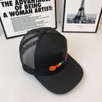 Black baseball cap with mesh side panels and colorful Burberry logo patch