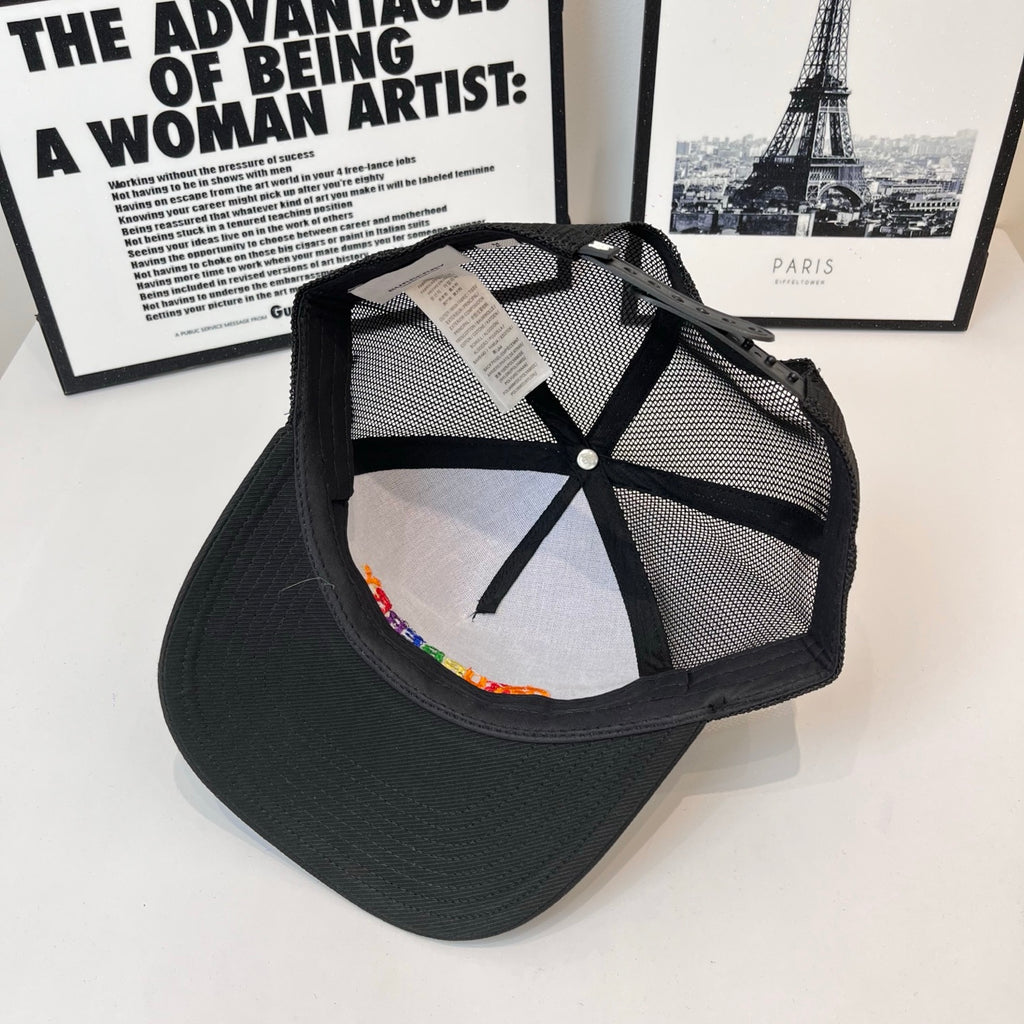 Black mesh baseball cap interior view with mesh crown panels and strap